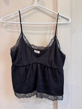 Little Moon Black Satin Lace-Trim Camisole